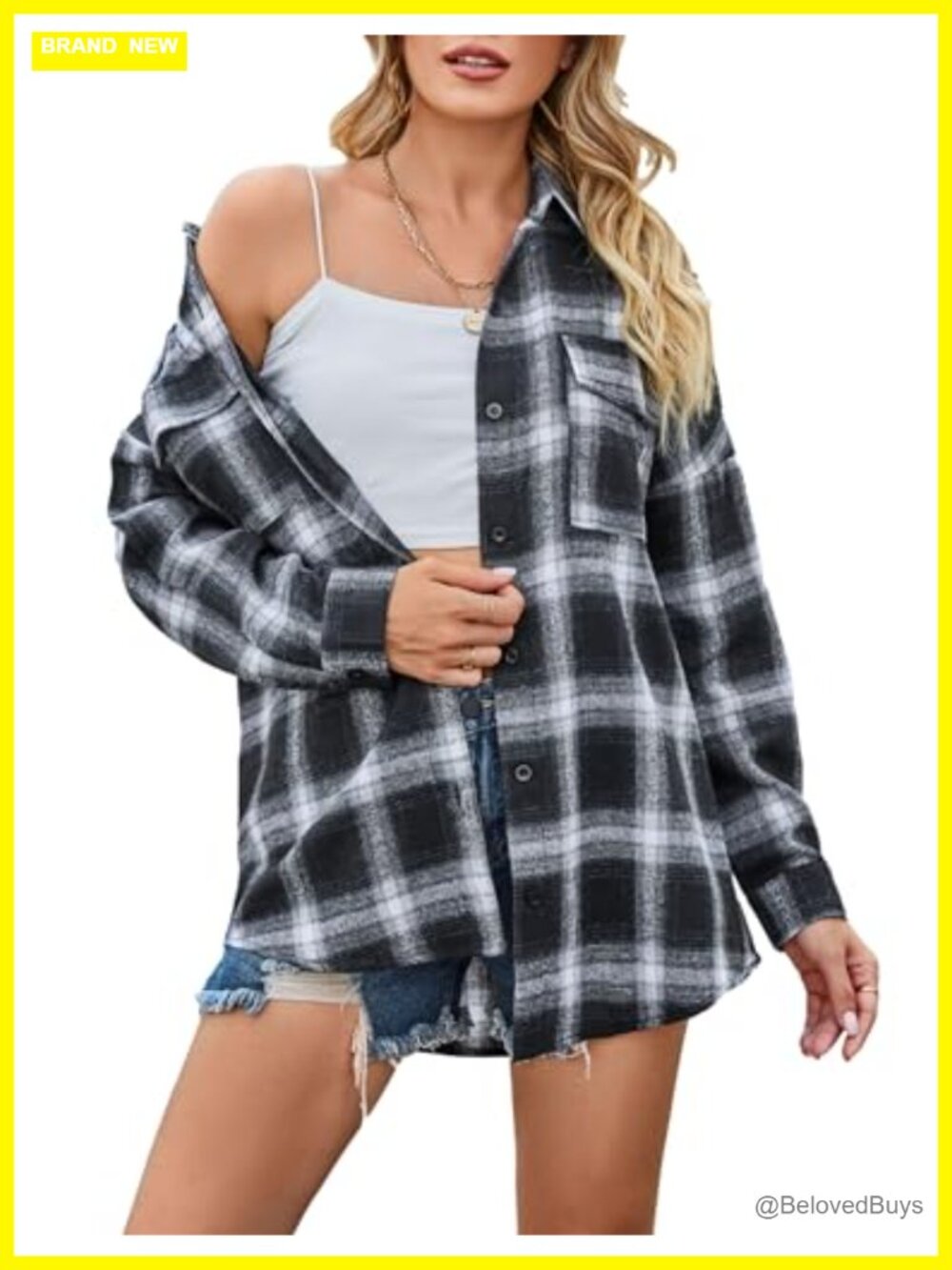 Oversized Button Down Plaid Flannel Shirt Long Sleeve Loose Fit
